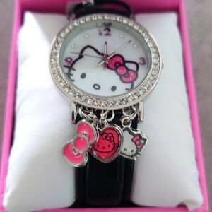 Hello Kitty Watch Black Band with Three Charms Gift Box NEW!